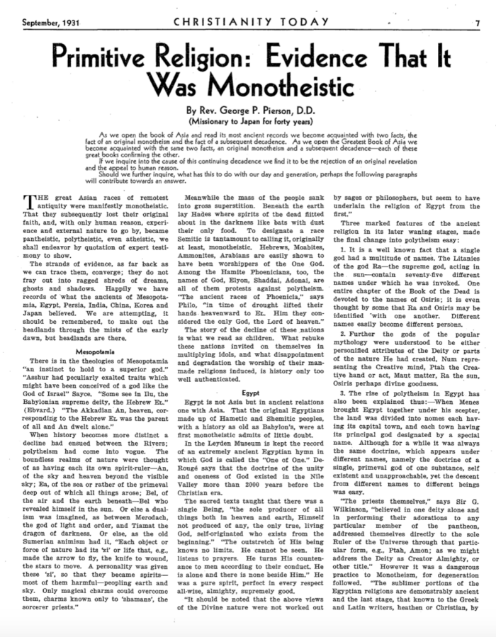 PRIMITIVE RELIGION: EVIDENCE THAT IT WAS MONOTHEISTIC, by Rev. George P. Pierson, D.D.